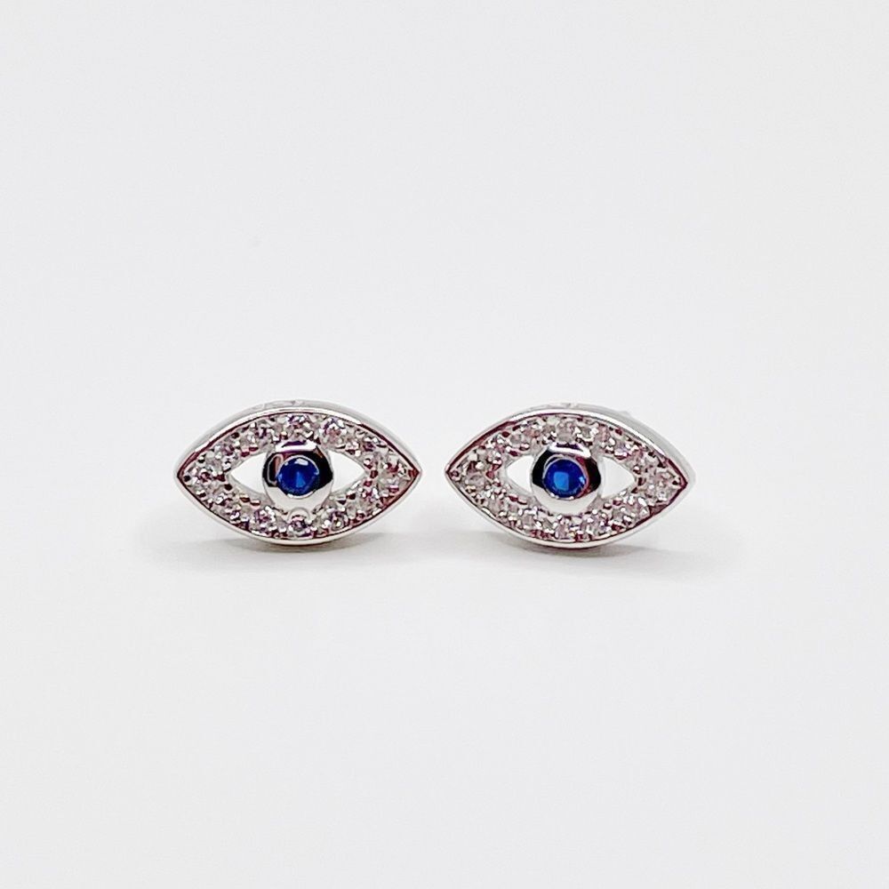 NEW 925 STERLING SILVER | Blue Spinel and Simulated Diamond Evil Eye Earrings
